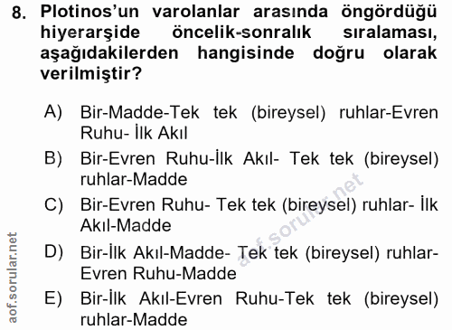 8. soru: Plotinos'un varolanlar arasında öngördüğü hiyerarşide öncelik-sonralık siralaması, aşağıdakilerden hangisinde doğru o…