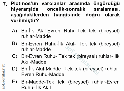 7. soru: Plotinos'un varolanlar arasında öngördüğü hiyerarşide öncelik-sonralik sıralaması, aşağıdakilerden hangisinde doğru o…