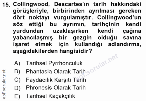15. soru: Collingwood, Descartes'in tarih hakkındaki görüşleriyle, birbirinden ayrılması gereken dört noktayı vurgulamıştır. Co…