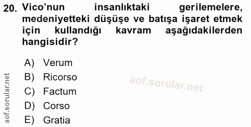 20. soru: Vico'nun insanliktaki gerilemelere, medeniyetteki düşüşe ve batışa işaret etmek için kullandığı kavram aşağıdakilerde…