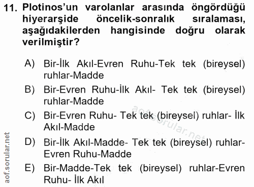 11. soru: Plotinos'un varolanlar arasında öngördüğü hiyerarşide öncelik-sonralik sıralaması, aşağıdakilerden hangisinde doğru o…