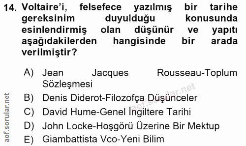 14. soru: Voltaire'i, felsefece yazılmış bir tarihe gereksinim duyulduğu konusunda esinlendirmiş olan düşünür ve yapıtı aşağıda…
