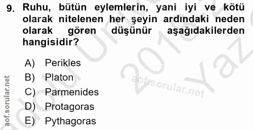 9. soru: Ruhu, bütün eylemlerin, yani iyi ve kötü olarak nitelenen her şeyin ardındaki neden olarak gören düşünür aşağıdakiler…