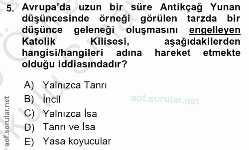 5. soru: Avrupa'da uzun bir süre Antikçağ Yunan düşüncesinde örneği görülen tarzda bir düşünce geleneği oluşmasını engelleyen…
