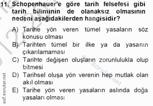 11. soru: Schopenhauer'e göre tarih felsefesi gibi tarih biliminin de olanaksız olmasının nedeni aşağıdakilerden hangisidir? A)…