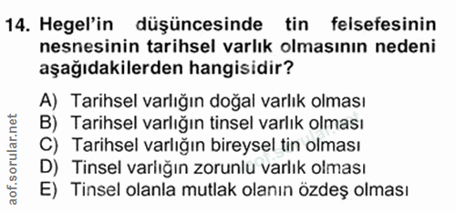 14. soru: Hegel'in düşüncesinde tin felsefesinin nesnesinin tarihsel varlık olmasının nedeni aşağıdakilerden hangisidir? A) Tar…