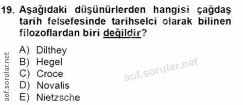 19. soru: Aşağıdaki düşünürlerden hangisi çağdaş tarih felsefesinde tarihselci olarak bilinen filozoflardan biri değildir? A) D…