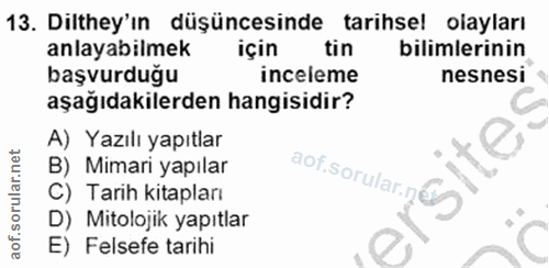 13. soru: Dilthey'ın düşüncesinde tarihsel olayları anlayabilmek için tin bilimlerinin başvurduğu inceleme nesnesi aşağıdakiler…