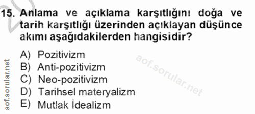 15. soru: Anlama ve açıklama karşıtlığını doğa ve tarih karşıtlığı üzerinden açıklayan düşünce akımı aşağıdakilerden hangisidir…