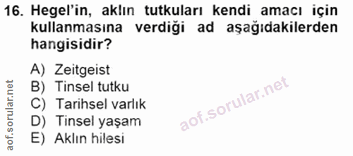 16. soru: Hegel'in, aklın tutkuları kendi amacı için kullanmasına verdiği ad aşağıdakilerden hangisidir? A) Zeitgeist B) Tinsel…