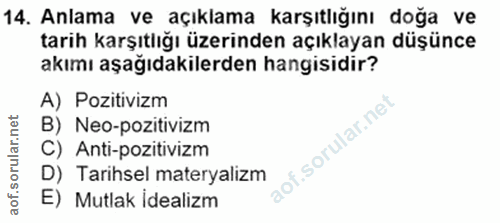 14. soru: Anlama ve açıklama karşıtlığını doğa ve tarih karşıtlığı üzerinden açıklayan düşünce akımı aşağıdakilerden hangisidir…