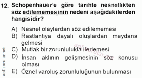 12. soru: Schopenhauer'e göre tarihte nesnellikten söz edilememesinin nedeni aşağıdakilerden hangisidir? A) Nesnel olaylardan s…