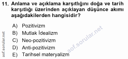 11. soru: Anlama ve açıklama karşıtlığını doğa ve tarih karşıtlığı üzerinden açıklayan düşünce akımı aşağıdakilerden hangisidir…