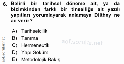 6. soru: Belirli bir tarihsel döneme ait, ya da bizimkinden farklı bir tinselliğe ait yazılı yapıtları yorumlayarak anlamaya D…