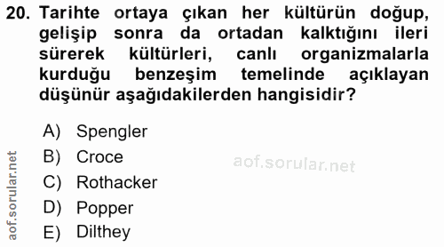 20. soru: Tarihte ortaya çıkan her kültürün doğup, gelişip sonra da ortadan kalktığını ileri sürerek kültürleri, canlı organizm…