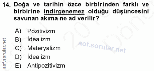 14. soru: Doğa ve tarihin özce birbirinden farklı ve birbirine indirgenemez olduğu düşüncesini savunan akıma ne ad verilir? A)…