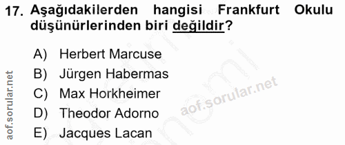 17. soru: Aşağıdakilerden hangisi Frankfurt Okulu düşünürlerinden biri değildir? A) Herbert Marcuse B) Jürgen Habermas C) Max H…