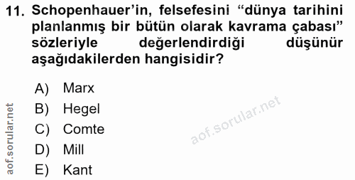 11. soru: Schopenhauer'in, felsefesini "dünya tarihini planlanmış bir bütün olarak kavrama çabası" sözleriyle değerlendirdiği d…