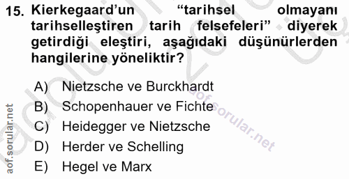 15. soru: Kierkegaard'un "tarihsel olmayanı tarihselleştiren tarih felsefeleri" , diyerek getirdiği eleştiri, aşağıdaki düşünür…
