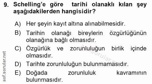 9. soru: Schelling'e göre tarihi olanaklı kılan şey aşağıdakilerden hangisidir? A) Her şeyin kayıt altına alınabilmesidir. B)…