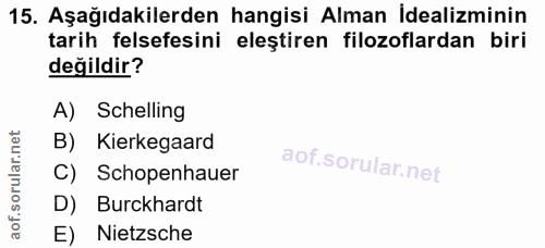 15. soru: Aşağıdakilerden hangisi Alman İdealizminin tarih felsefesini eleştiren filozoflardan biri değildir? A) Schelling B) K…