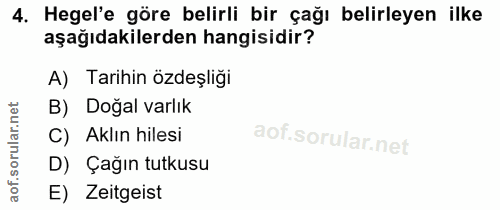 4. soru: Hegel'e göre belirli bir çağı belirleyen ilke aşağıdakilerden hangisidir? A) Tarihin özdeşliği B) Doğal varlık C) Akl…