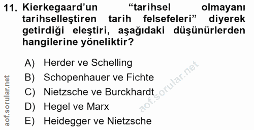 11. soru: Kierkegaard'un "tarihsel olmayanı tarihselleştiren tarih felsefeleri" diyerek getirdiği eleştiri, aşağıdaki düşünürle…