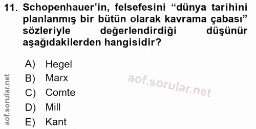 11. soru: Schopenhauer'in, felsefesini "dünya tarihini planlanmış bir bütün olarak kavrama çabası" sözleriyle değerlendirdiği d…