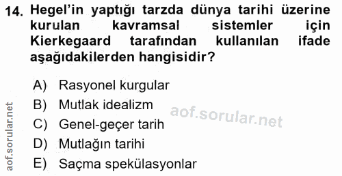 14. soru: Hegel'in yaptığı tarzda dünya tarihi üzerine kurulan kavramsal sistemler için Kierkegaard tarafından kullanılan ifade…
