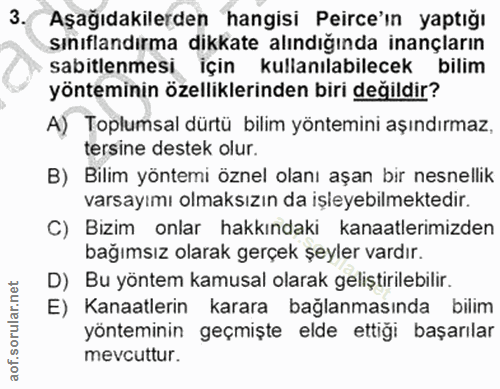 3. soru: Aşağıdakilerden hangisi Perce'ın yaptığı sınıflandırma dikkate alındığında inançların sabitlemesi için kullanılabilec…
