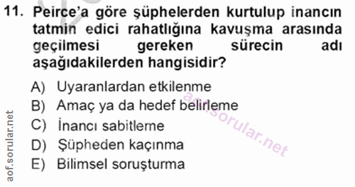 11. soru: Perce'a göre şüphelerden kurtulup inancın tatmin edici rahatlığına kavuşma arasında geçilmesı gereken sürecin adı aşa…