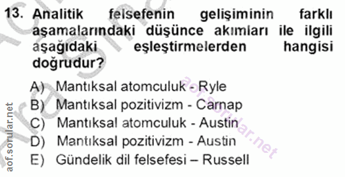 13. soru: Analitik felsefenin gelişiminin farklı aşamalarındaki düşünce akımları ile ilgili aşağıdaki eşleştirmelerden hangisi…