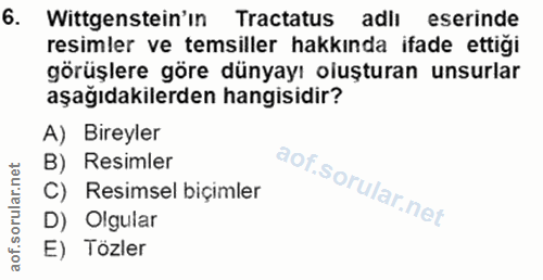 6. soru: Wittgenstein'in Tractatus adlı eserinde resimler ve temsiller hakkında ifade ettiği görüşlere göre dünyayı oluşturan…