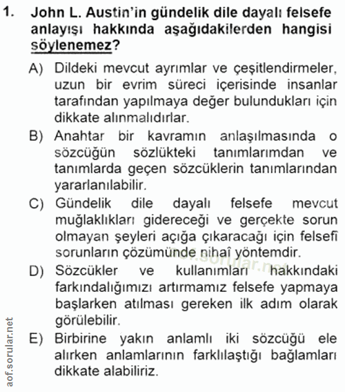 1. soru: John L. Astin'in gündelik dile dayalı felsefe anlayışı hakkında aşağıdakilerden hangisi söylenemez? A) Dildeki mevcut…