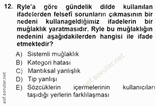 12. soru: Ryle'a göre gündelik dilde kullanılan ifadelerden felsefi sorunların çıkmasının bir nedeni kullanageldiğimiz ifadeler…