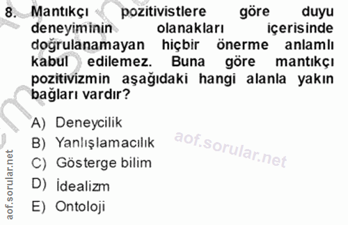 8. soru: Mantıkçı « pozitivistlere göre duyu deneyiminin olanakları içerisinde doğrulanamayan hiçbir önerme anlamlı kabul) edi…
