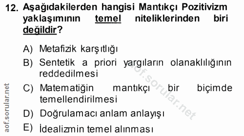 12. soru: Aşağıdakilerden hangisi Mantıkçı Pozitivizm yaklaşımının temel niteliklerinden biri değildir? A) Metafizik karşıtlığı…