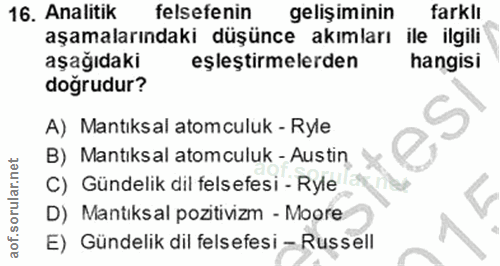 16. soru: Analitik felsefenin gelişiminin farklı aşamalarındaki düşünce akımları ile ilgili aşağıdaki eşleştırmelerden hangisi…