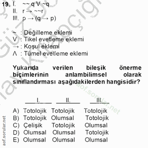 19. soru: 1. ~9V-9 Ir→~r IlI. p → (q→ p) V . Tikel evetleme eklemi :Degilleme eklemi → : Koşul eklemi A : Tümel evetleme eklemi…