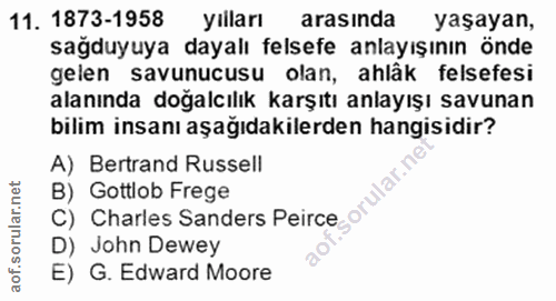 11. soru: 1873-1958 yılları arasında yaşayan, sağduyuya dayalı felsefe anlayışının önde gelen savunucusu olan, ahlâk felsefesi…