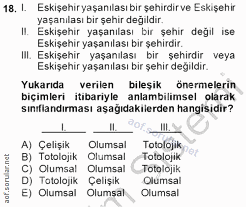 18. soru: 1. Eskişehiryaşanılası bir şehirdir ve Eskişehir yaşanılası bir şehir değildir. II. Eskişehir yaşanılası bir şehir de…