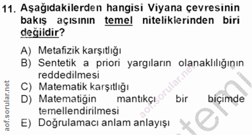 11. soru: Aşağıdakilerden hangisi Viyana çevresinin bakış açısının temel nitelikierinden biri değildir? A) Metafizik karşıtlığı…