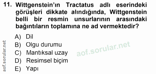 11. soru: Wittgenstein'ın Tractatus adlı eserindeki görüşleri dikkate alındığında, Wittgenstein belli bir resmin unsurlarının a…