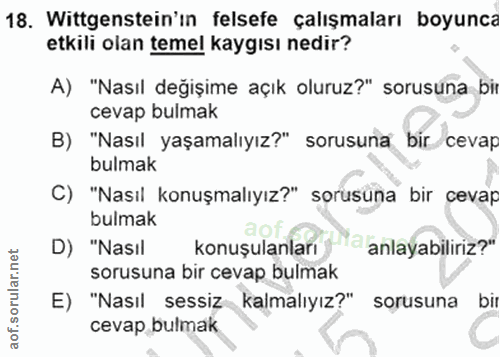 18. soru: Wittgenstein'in felsefe çalışmaları boyunca etkıli olan temel kaygısı nedir? A) "Nasıl değişime açık oluruz?" sorusun…
