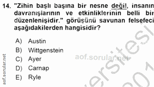 14. soru: "Zihin başlı başına bir nesne değil, insanın davranışlarının ve etkinliklerinin belli bir düzenlenişidir." görüşünü s…