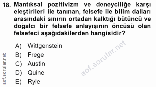 18. soru: Mantıksal pozitivizm ve deneyciliğe karşı eleştirileri ile tanınan, felsefe ile bilim dalları arasındaki sınırın orta…