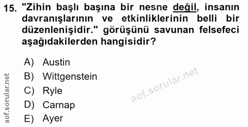 15. soru: "Zihin başlı başına bir nesne değil, insanın davranışlarının ve etkinliklerinin belli bir düzenlenişidir." görüşünü s…