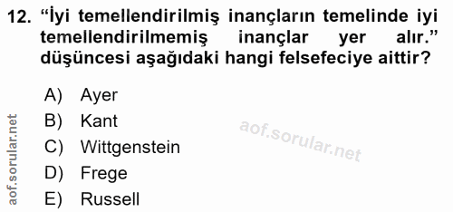 12. soru: "İyi temellendirilmiş inançların temelinde iyi temellendirilmemiş inançlar yer alır." düşüncesi aşağıdaki hangi felse…