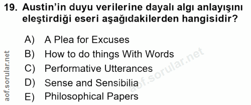 19. soru: Astin'in duyu verilerine dayalı algı anlayışını eleştirdiği eseri aşağıdakilerden hangisidir? A) A Plea for Excuses B…