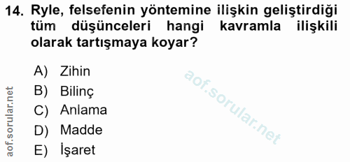 14. soru: Ryle, felsefenin yöntemine ilişkin geliştirdiği tüm düşünceleri hangi kavramla ilişkili olarak tartışmaya koyar? A) Z…